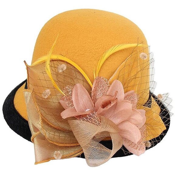 Women's Cloche Hat 1920s Winter Bucket Hat Vintage , Yellow